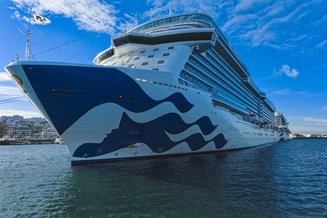 A large cruise ship docked in a harbor.